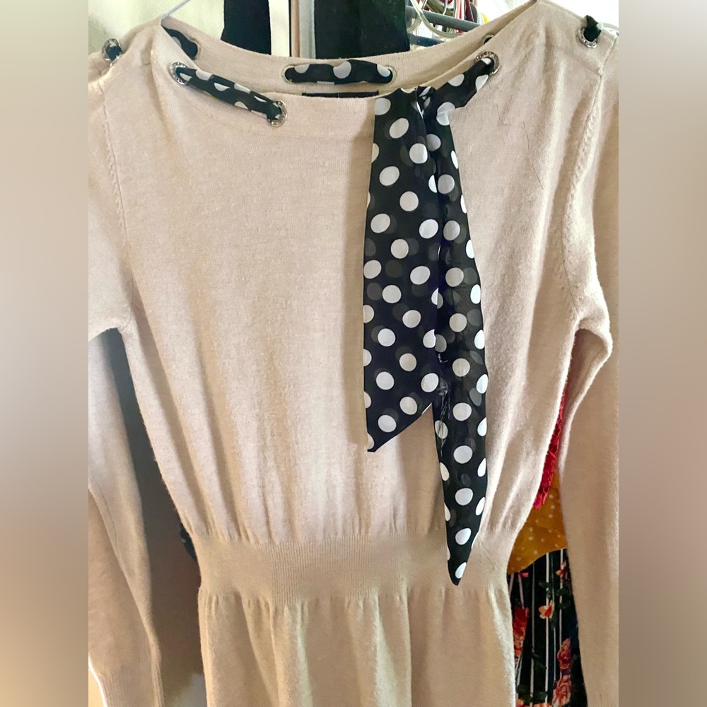 Gran Oriente Cream Soft Sweater Dress with Polka Dot Scarf, Size Small